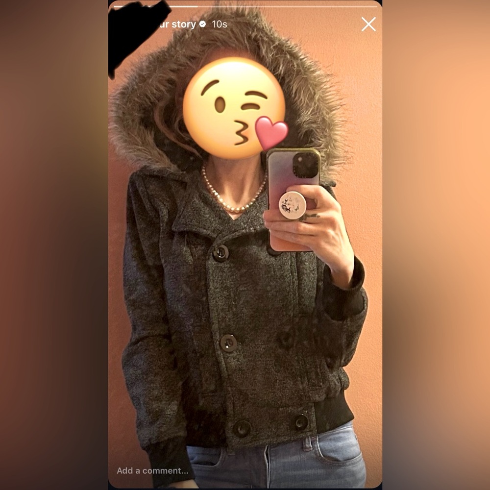 Wet Seal Gray Bomber Peacoat with Faux Fur Hood